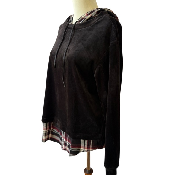 SANCTUARY VELOUR HOODIE SWEATSHIRT PLAID DETAILING PULLOVER PREPPY SCHOOL NWT M - Picture 4 of 11